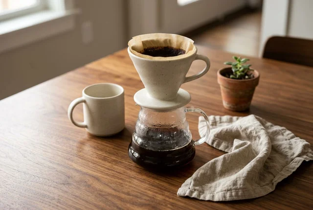 Nano Banana 2.1: Product still life: matte ceramic pour-over coffee set on a walnut table, glass carafe wit