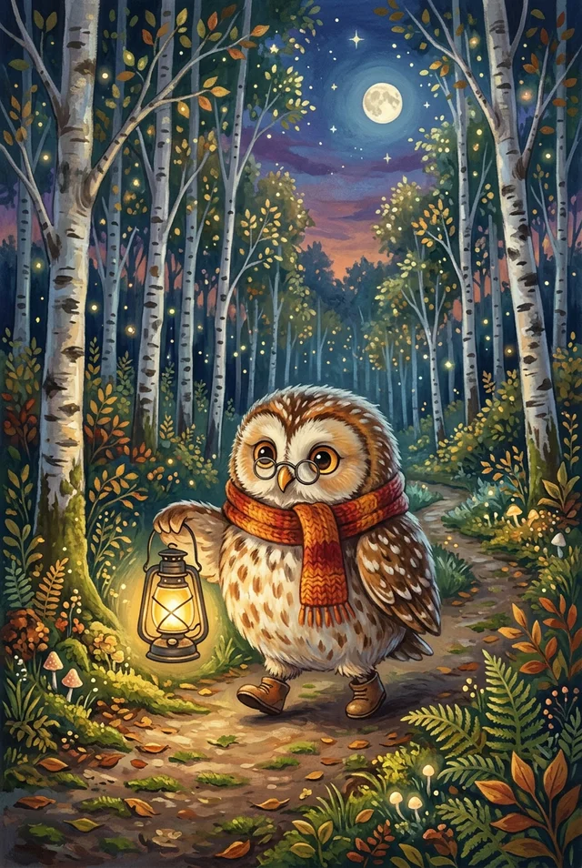 Nano Banana 2: Children's book illustration of a round owl carrying a glowing lantern through a twilight 