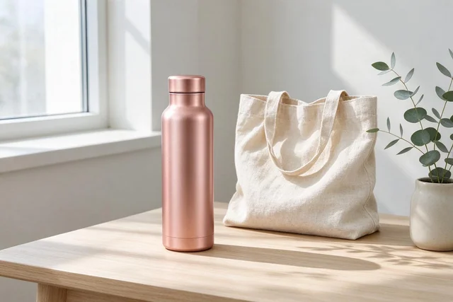 Seedream 5 Flash: Product lifestyle photo of a matte rose-gold insulated water bottle standing on a light oa