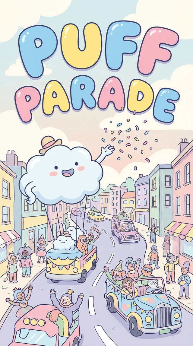 Nano Banana Pro: Parade poster "PUFF PARADE" in bouncy round lettering, the same cloud mascot Puff leading 