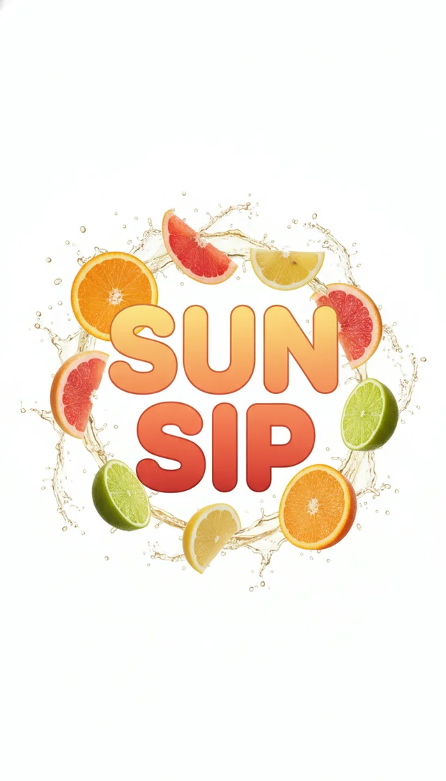 Nano Banana: Juice brand poster "SUN SIP" with fresh citrus slice splashes, bold round type in gold and