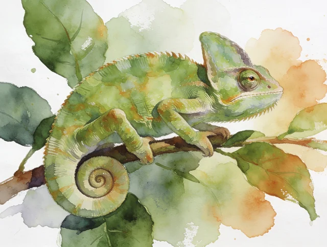 Seedream 4.5: Watercolor illustration of a chameleon curled on a leafy branch, sage green and warm amber