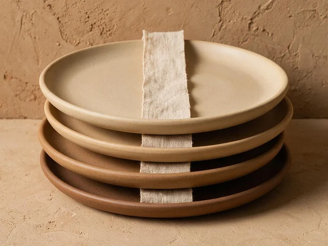 Seedream 5 Pro: Ceramic tableware set product photography: four matte stoneware plates in gradient sand to