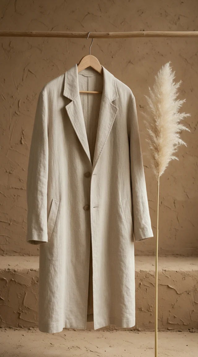 Seedream 5 Pro: Fashion campaign still-life: sand linen coat on a wooden hanger against a clay wall, singl