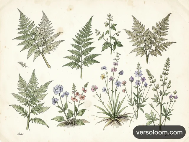 FLUX.2 [klein] 4B: Fine-pen botanical illustration page of ferns and wildflowers with loose watercolor washes