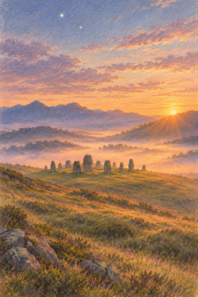 GPT Image 2: Same highland meadow and stone circle from the reference, re-rendered as a gentle pastel h