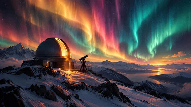 GPT Image 2.5 Flare: Cinematic wide concept art of a small mountain observatory under vivid aurora curtains in 