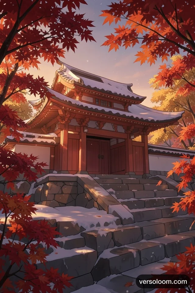 FLUX.2 [klein] 4B: Same mountain shrine composition from the reference in autumn: maple reds and golds framin