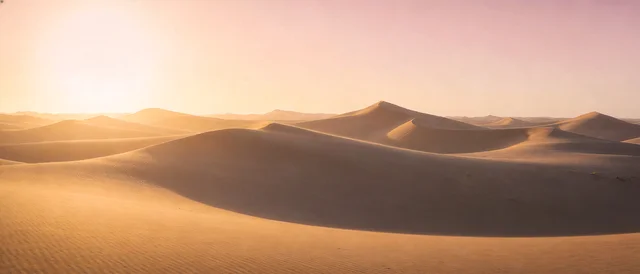Seedream 4.5: Ultra-wide panoramic sunrise over rolling sand dunes, long soft shadows, pale gold and ros