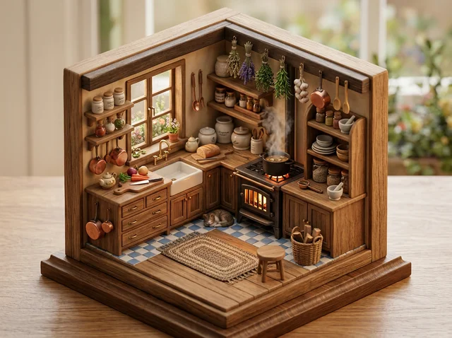 Nano Banana 2: Isometric cozy kitchen diorama, warm woods, hanging herbs, steaming pot, tiny checkered fl