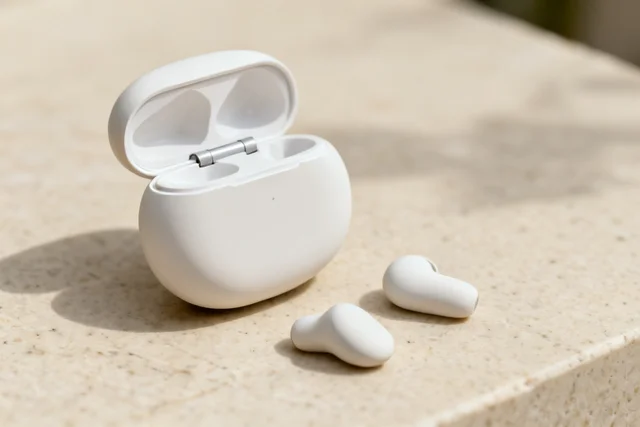 Seedream 4: Macro product photo of an unbranded matte white wireless earbud charging case, a deliberat