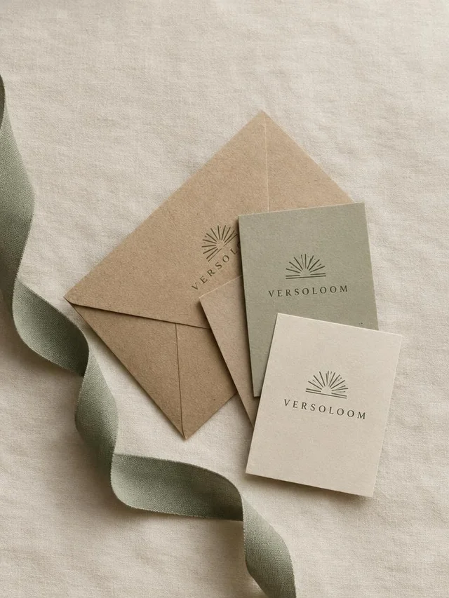 GPT Image 2.5 Flare: Brand kit mockup flat lay: three cards fanned showing only a geometric sun-ray mark and th