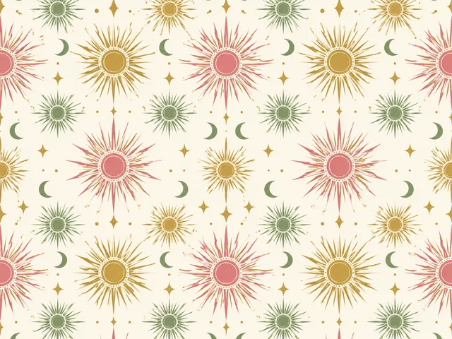 GPT Image 2.5 Sunburst: Seamless surface pattern of geometric sunbursts and small crescents in rose, gold and sage