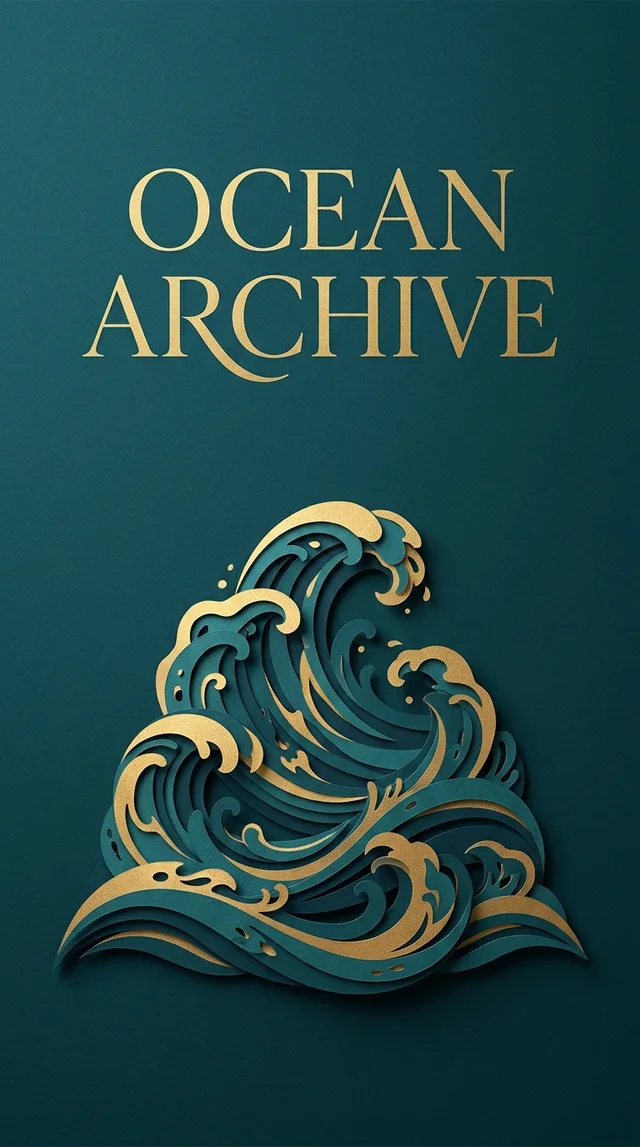 Nano Banana 2: Museum exhibition poster "OCEAN ARCHIVE", deep teal ground with a paper-cut wave stack and