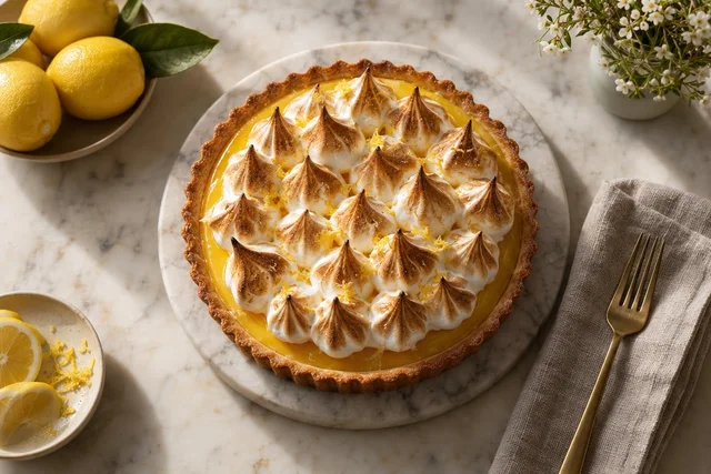 GPT Image 2.5 Sunburst: Overhead hero food photograph: a golden citrus tart with torched meringue peaks on a cream