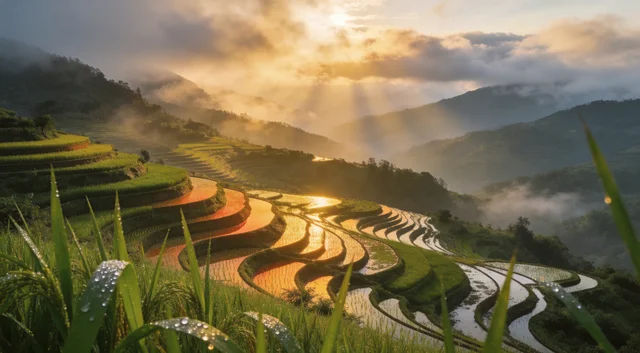 Seedream 4.5: Sweeping landscape of misty terraced rice fields on a mountainside at sunrise, golden ligh