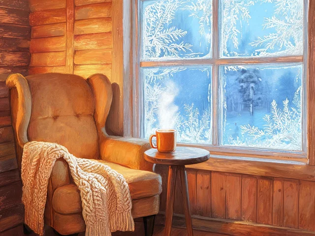 Seedream 5 Lite: Warm winter cabin interior illustration, armchair by frosted window, knitted throws, steam