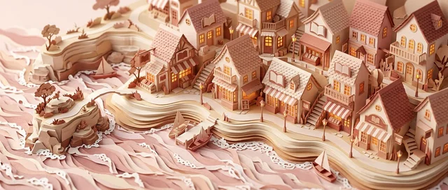Nano Banana 2.1: Ultra-wide isometric paper-craft diorama of a tiny coastal bookshop village, layered cut-p