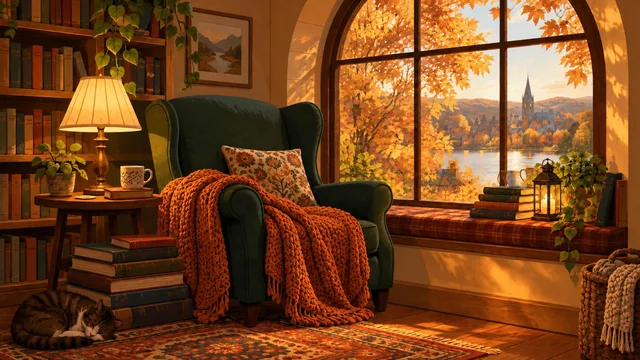 GPT Image 2.5 Flare: Same reading nook composition from the reference, but change the season to autumn: amber m