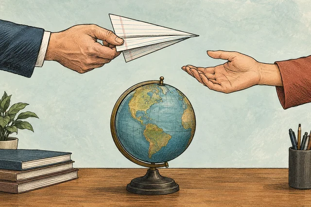 GPT Image 1.5: Editorial magazine illustration of two hands passing a paper airplane folded from a note s