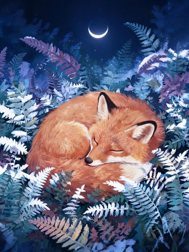 Seedream 5 Lite: Same sleeping fox and ferns from the reference, now in winter: light snow on the ferns, co