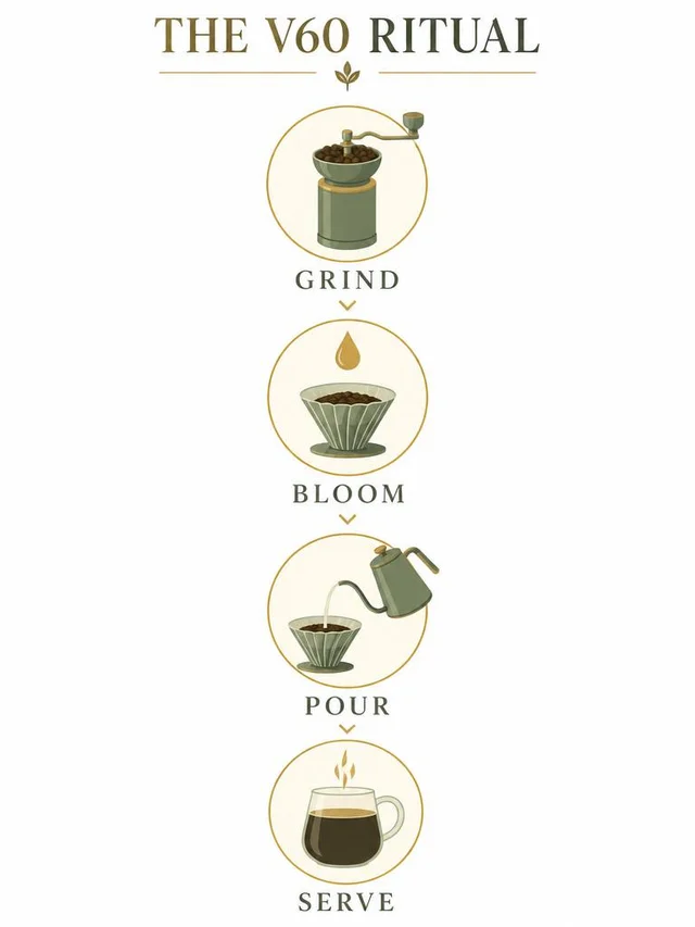 GPT Image 2.5 Sunburst: Vertical craft coffee brewing infographic poster "THE V60 RITUAL", exactly four labeled st
