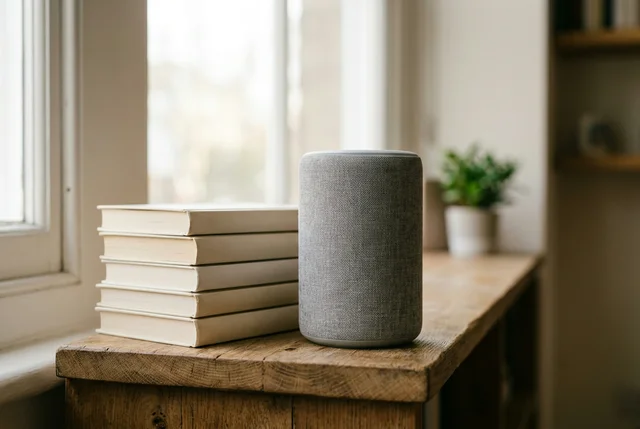 Nano Banana 2: Still-life product photo of an unbranded fabric-covered smart speaker on an oak shelf besi