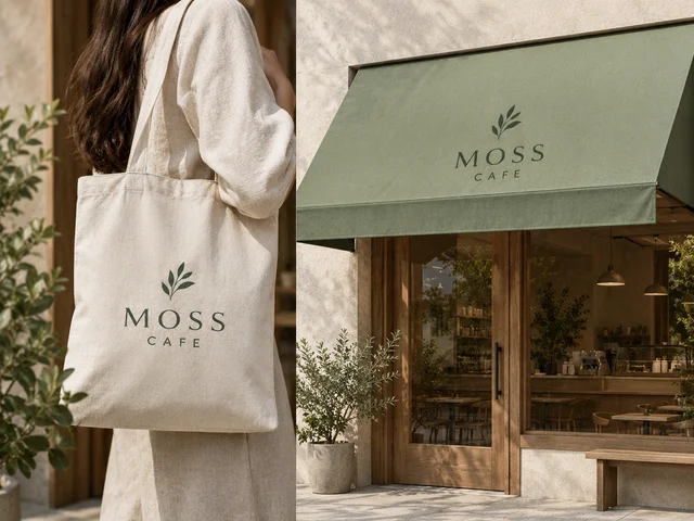 GPT Image 2: Apply the "MOSS CAFE" identity set from the reference onto a tote bag and storefront awnin